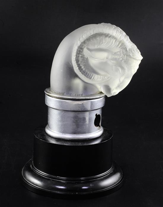 Tête de Belier/Rams Head. A glass mascot by René Lalique, introduced on 3/2/1928, No.1136 Height overall 14cm.